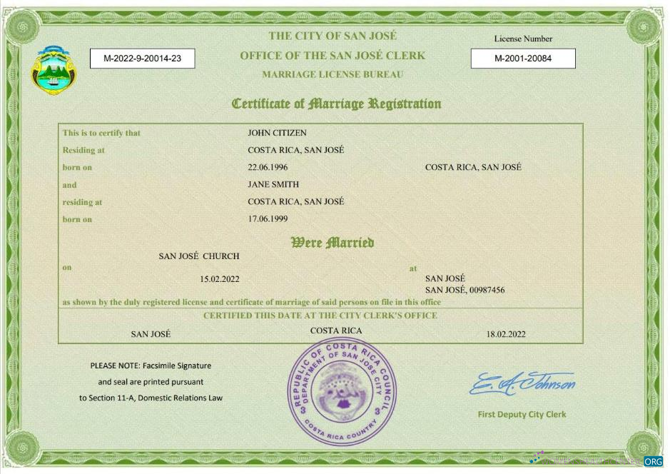 Download Costa Rica marriage certificate Word and PDF template Photoshop template